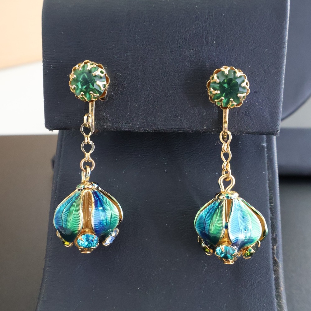Vintage Peacock Enamel Rhinestone Dangle Clip On Earrings Gold Tone Blue Green